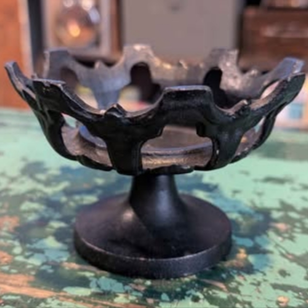 Vintage MCM Brutalist Pierced Cast Iron Candle Holder - Reversible Pillar Candle